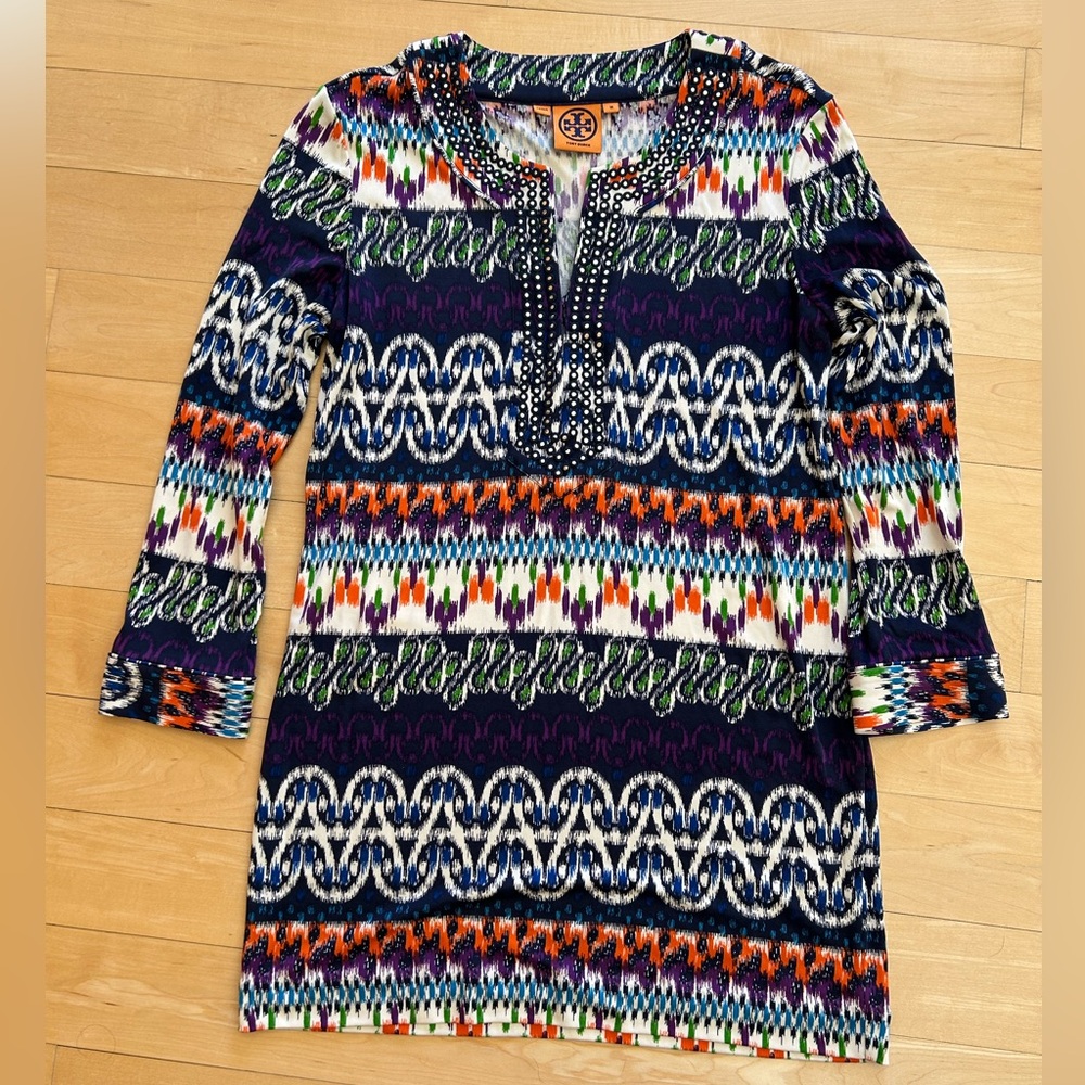Tory Burch Navy/Multi-Colored Embellished Silk Women’s Tunic Size Medium